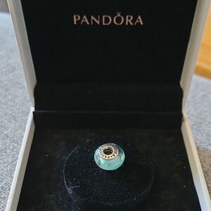 Pandora Teal Blue Murano Glass w Green and Yellow Polka Dot Charm Bead
